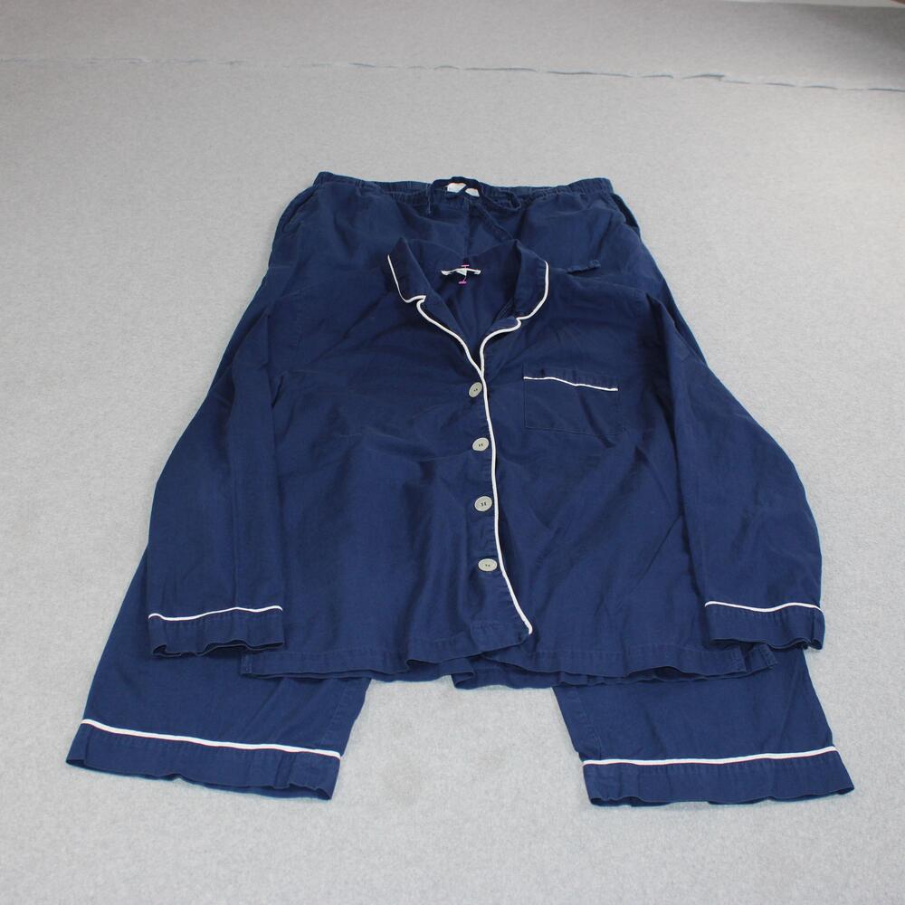 Haven Well Within Pajama Set Women Medium Blue Cotton Button Piping Sleepwear
